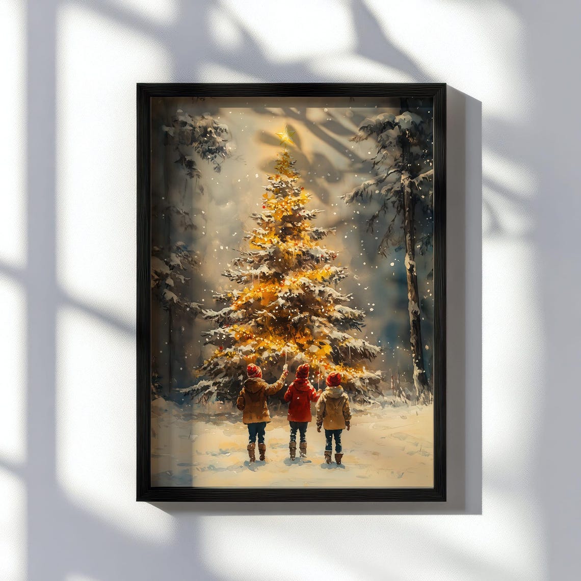 Three Children Admiring Glowing Christmas Tree Snowy Forest Poster - Image 2