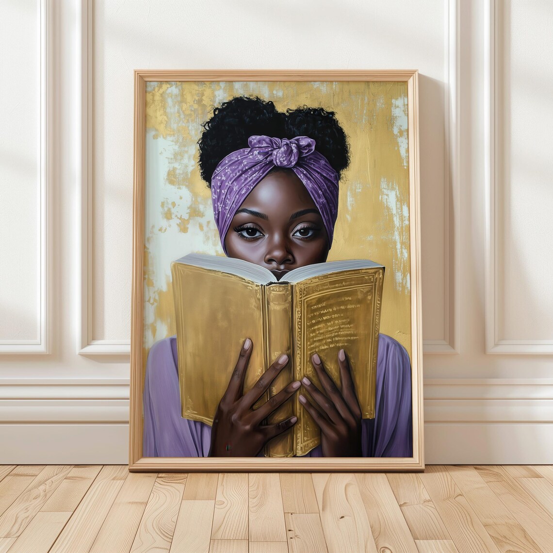 Black Woman Reading Golden Book Purple Headwrap Portrait Poster