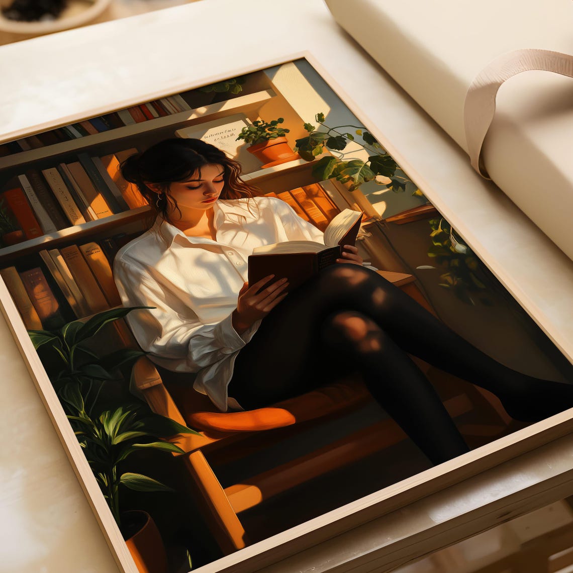 Woman Absorbed In A Book In Sunlit Home Library Corner Poster - Image 5