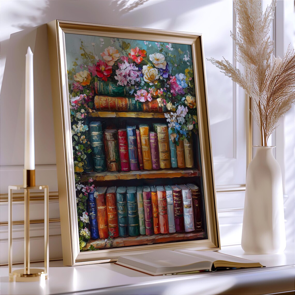 Vintage Bookshelf With Antique Books And Fresh Flowers Poster - Image 4