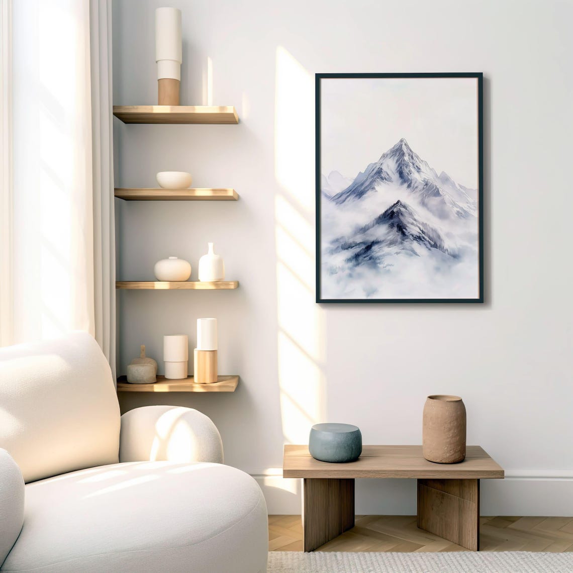 Minimalist Snowy Mountain Peak Dissolving into Soft Misty Fog Poster - Image 7