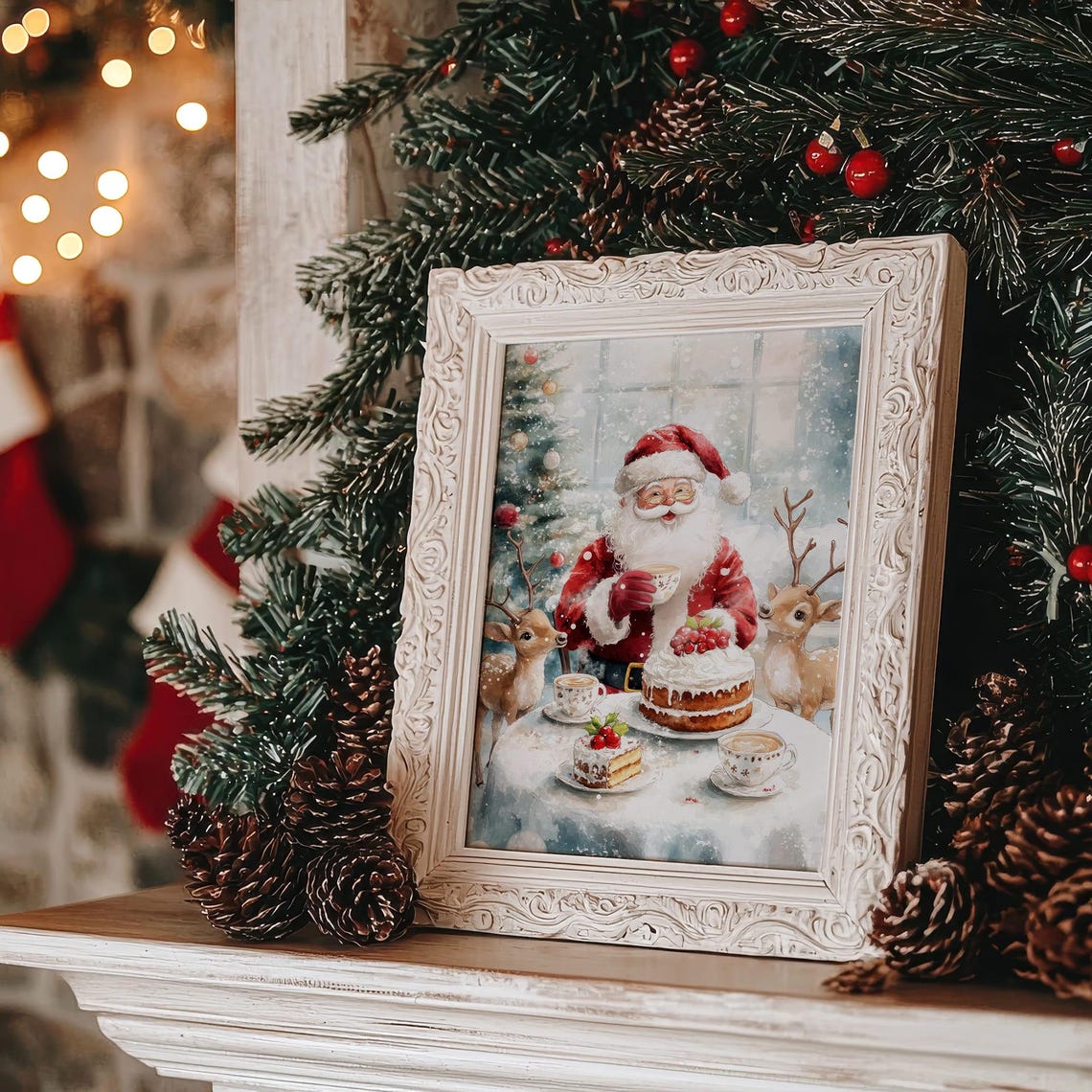 Santa Claus Tea Party With Reindeer Watercolor Christmas Poster - Image 4