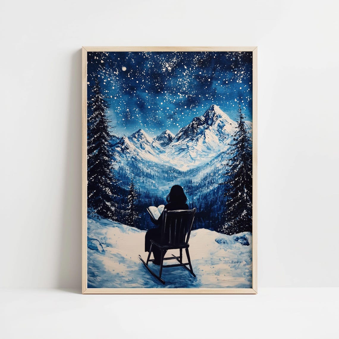 Reader in Rocking Chair Under Starry Night Snowy Mountain View Poster - Image 8