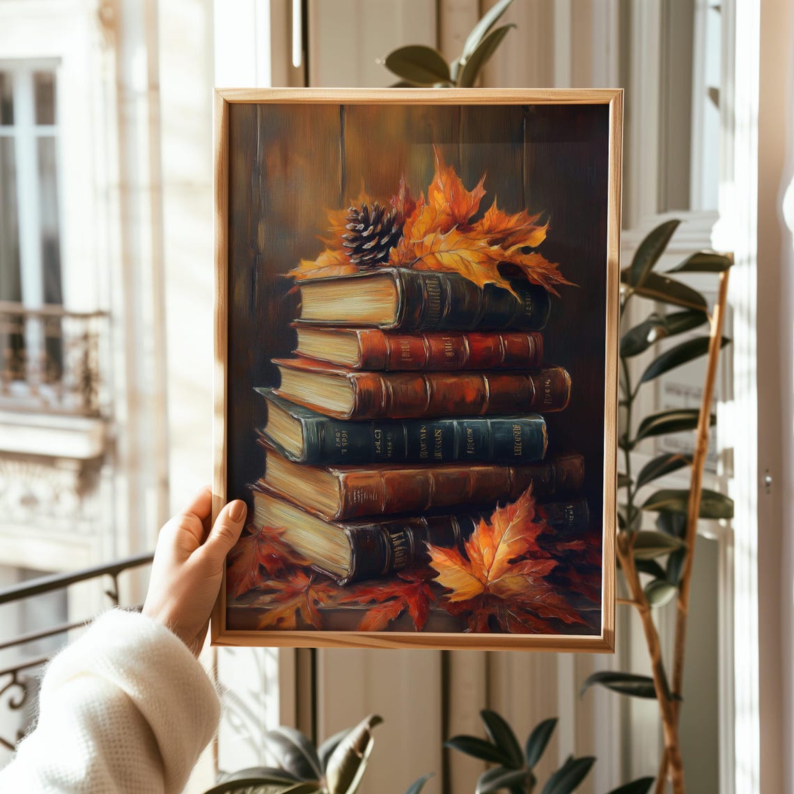 Vintage Autumn Book Stack Painting Fall Leaves Cozy Art Poster - Image 8