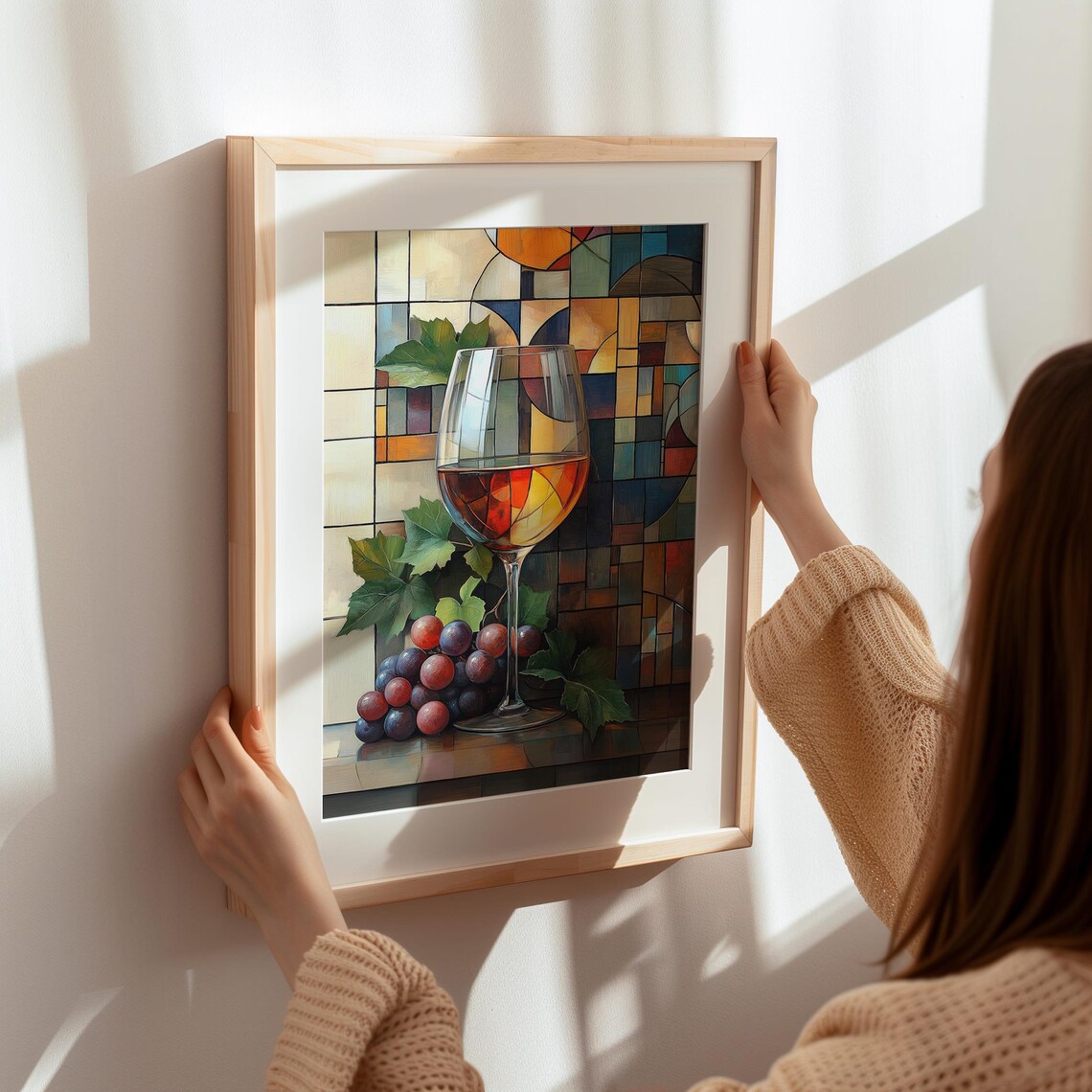 Stained Glass Style Wine Glass with Grapes Vibrant Mosaic Art Poster - Image 4
