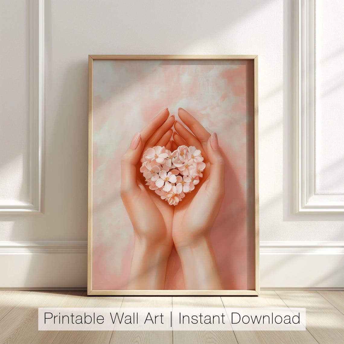 Two Cupped Hands Holding Heart Of White Blossoms Soft Pink Poster