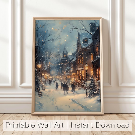 Winter Night Town Art Print, Snowy Street Holiday Decor