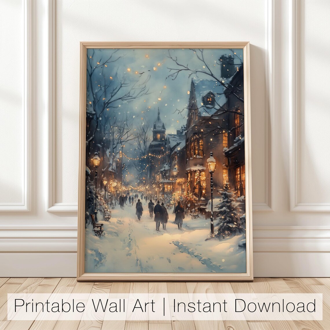 Winter Night Town Art Print, Snowy Street Holiday Decor