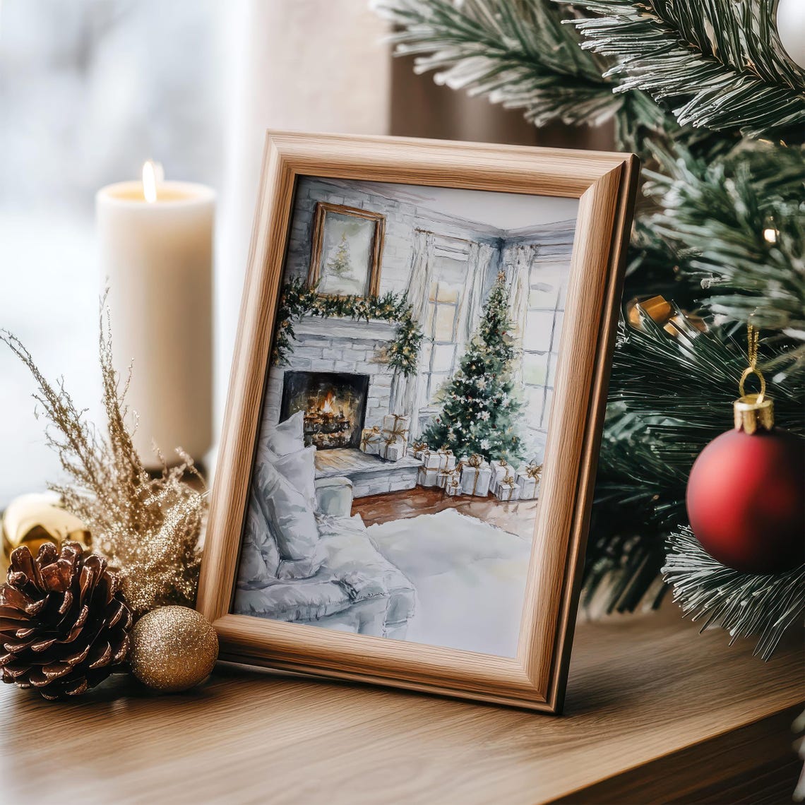 Cozy Christmas Living Room Watercolor Fireplace Scene Poster - Image 4