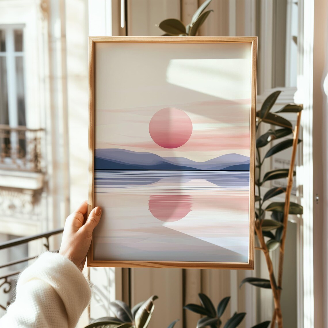 Pink Sunset Over Mountain Lake Modern Minimalist Landscape Poster - Image 2