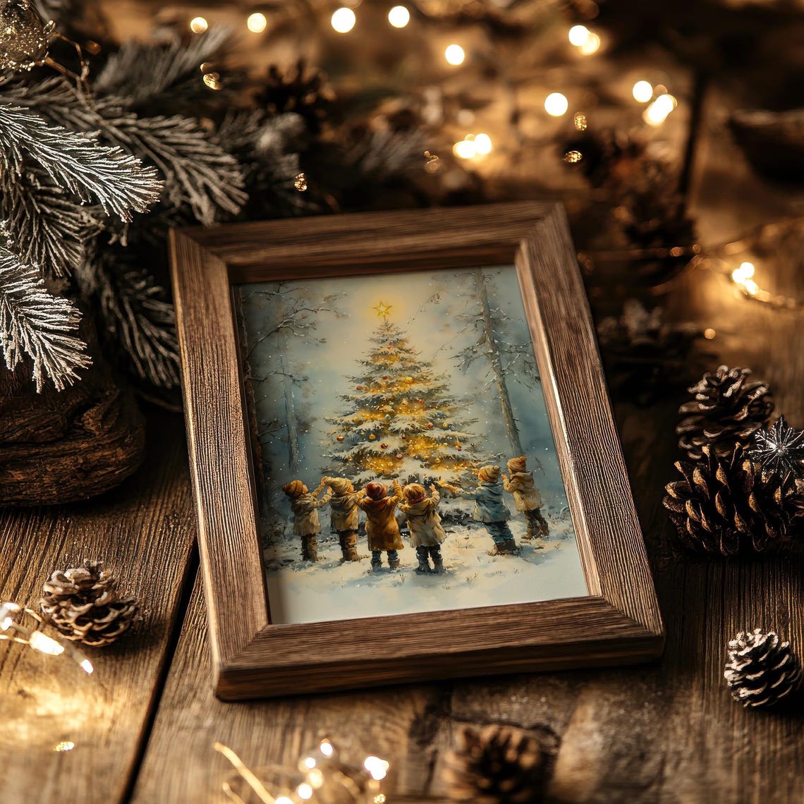 Six Children Around Glowing Christmas Tree Snowy Woods Poster - Image 4