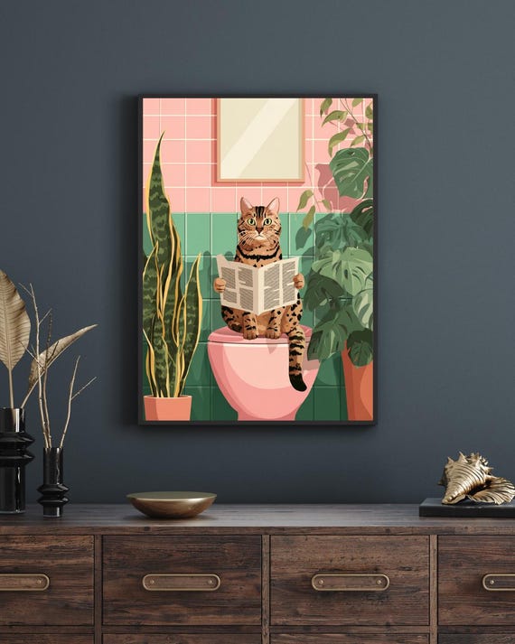 Funny Tabby Cat On Toilet Print Bathroom Humor Wall Art