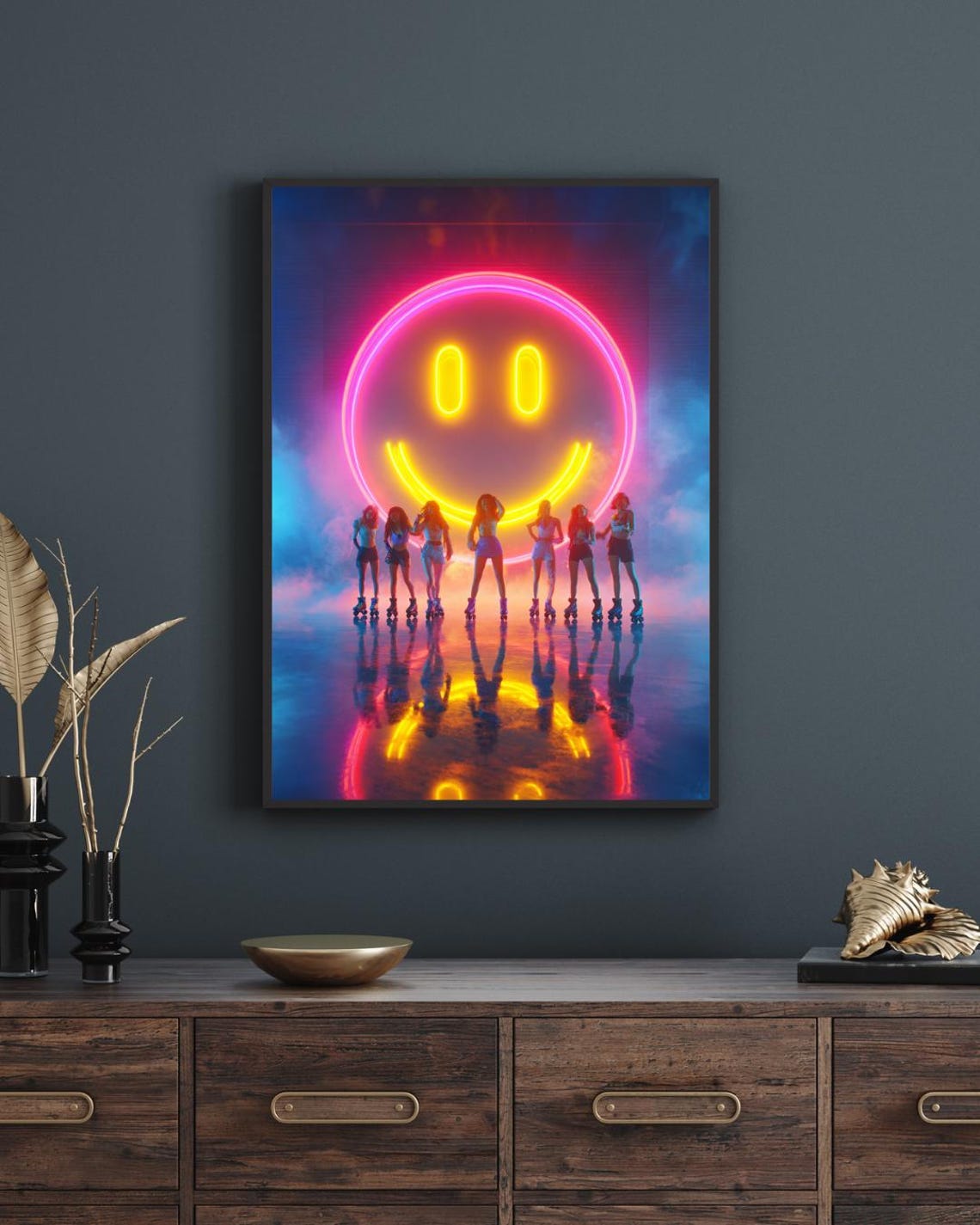Neon Smiley Face Retro Roller Disco Night 80s Skaters Vibes Art Poster