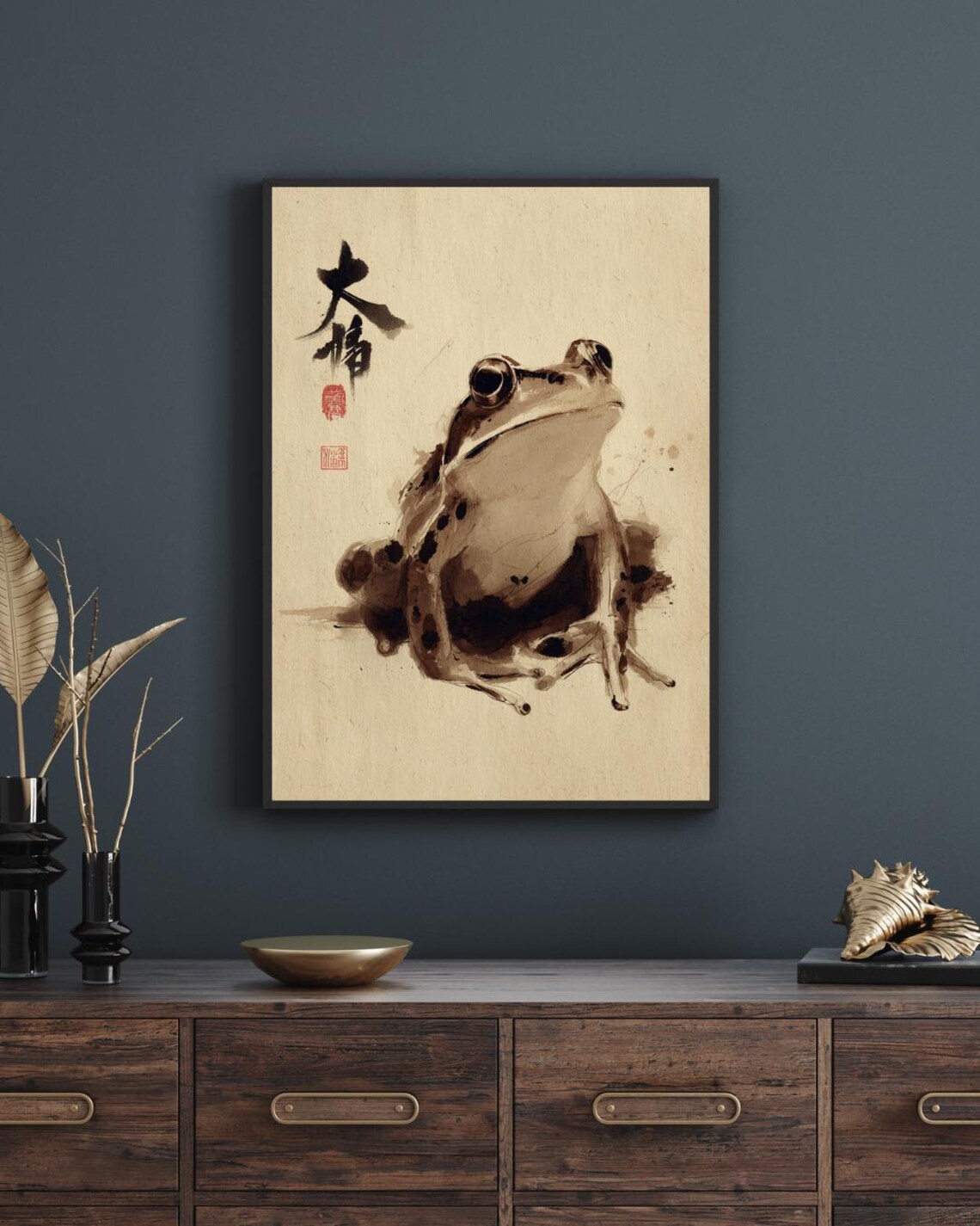 Ink Wash Frog Sumi-e Japanese Calligraphy Vintage Animal Art Poster
