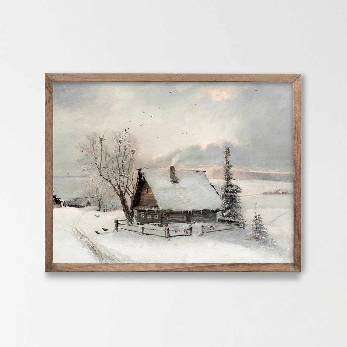 Vintage Cabin Painting Antique Winter Art Print Country Landscape Oil Painting Download H 166
