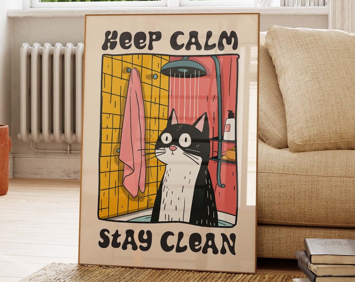 Keep Calm Stay Clean Cartoon Cat In Shower Retro Bathroom Poster