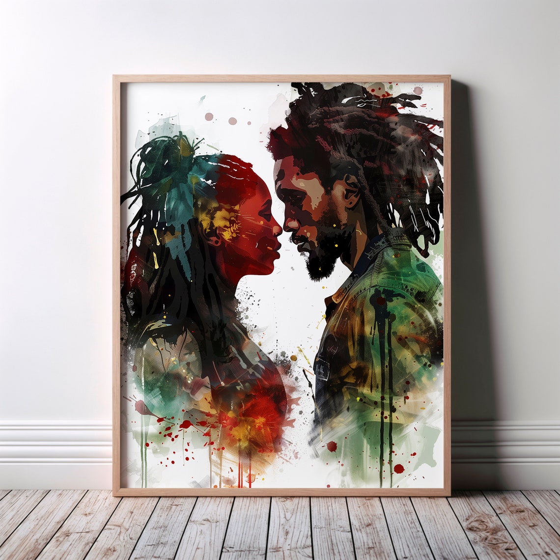 Rasta Couple Dreadlocks Watercolor Love Abstract Portrait Poster