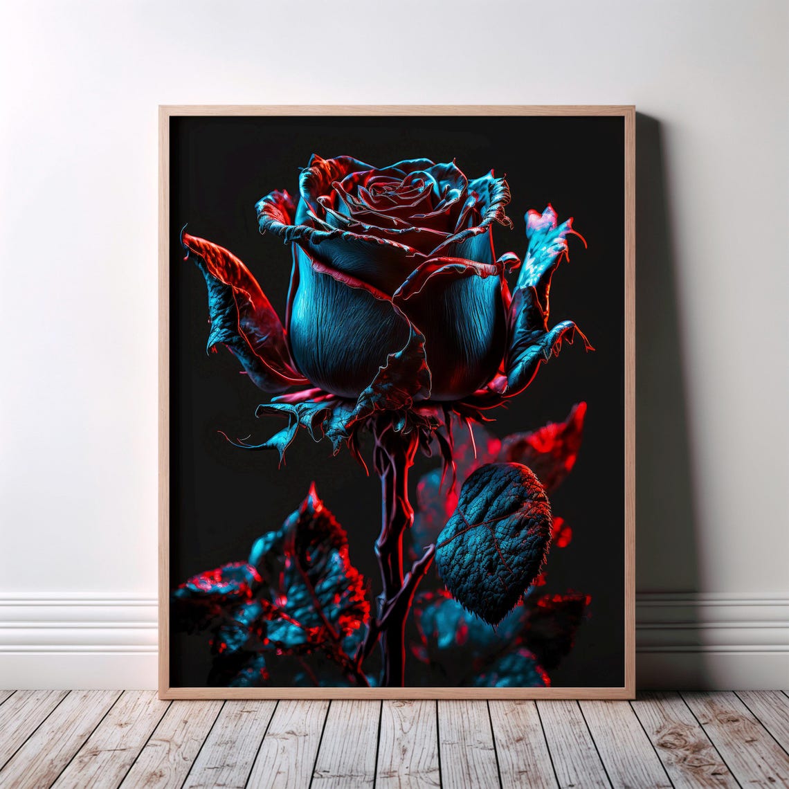 Single Neon Gothic Rose Red Blue Dark Dramatic Flower Poster