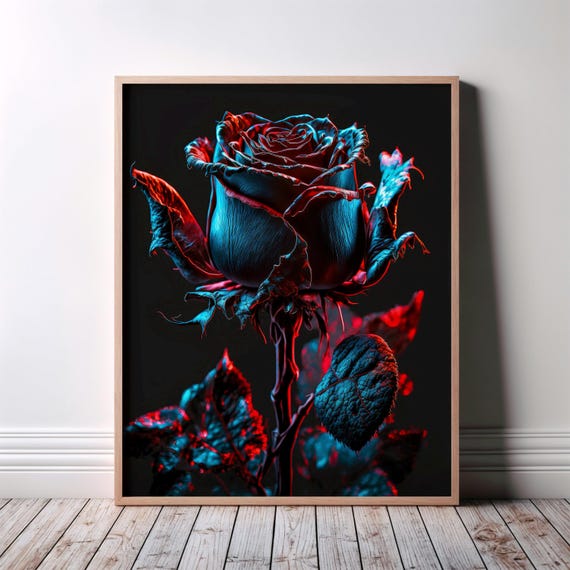 Black Rose Wall Art Poster Gothic Interior Design Victorian Floral Noir Neon