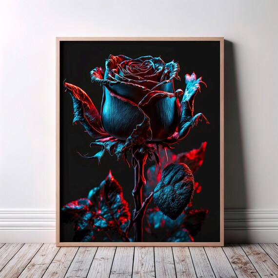 Single Neon Gothic Rose Red Blue Dark Dramatic Flower Poster