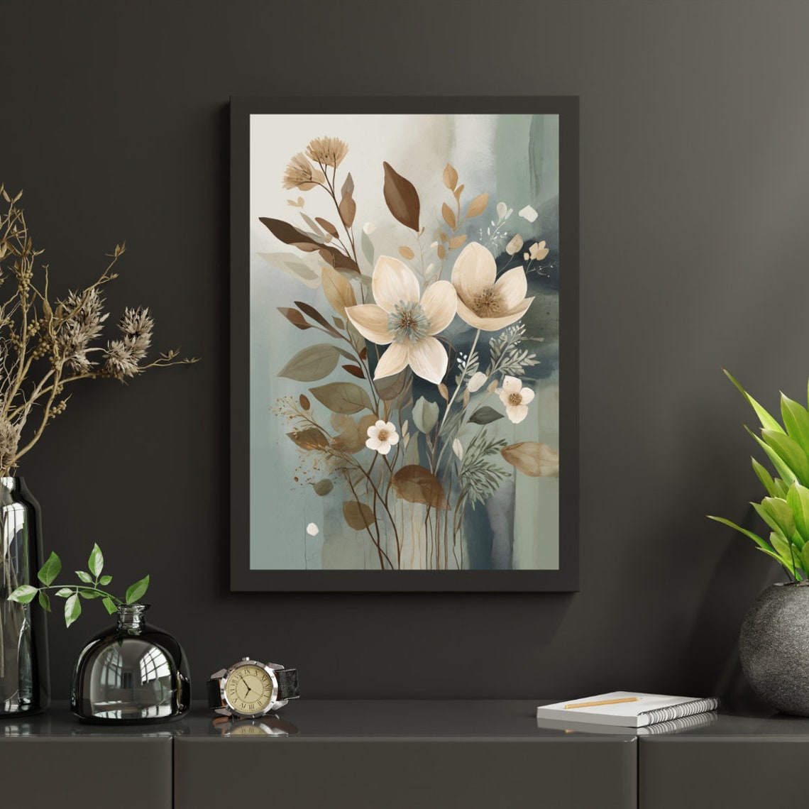 Cream White Floral Botanical Bouquet Soft Teal Painterly Print - Image 2