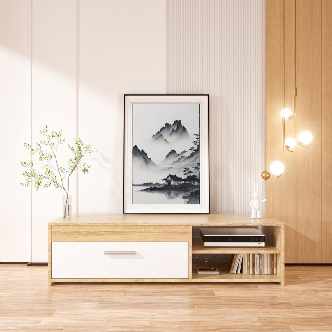 Black And White Japanese Water Paint Style Mountains Art - Image 2