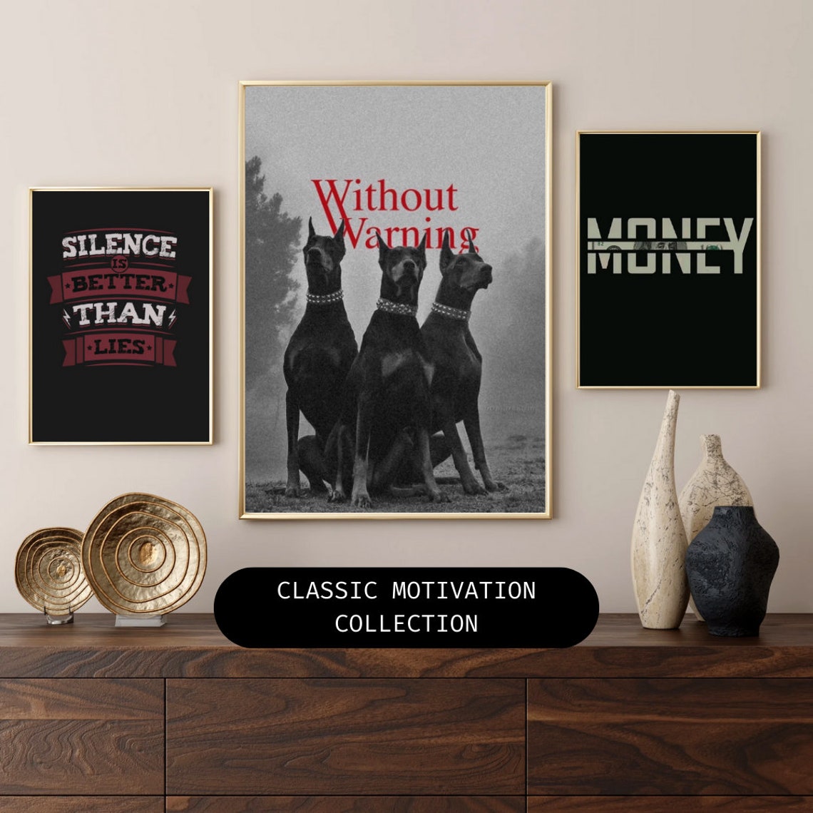 Three Dobermans Without Warning Black and White Dogs Art Poster - Image 2
