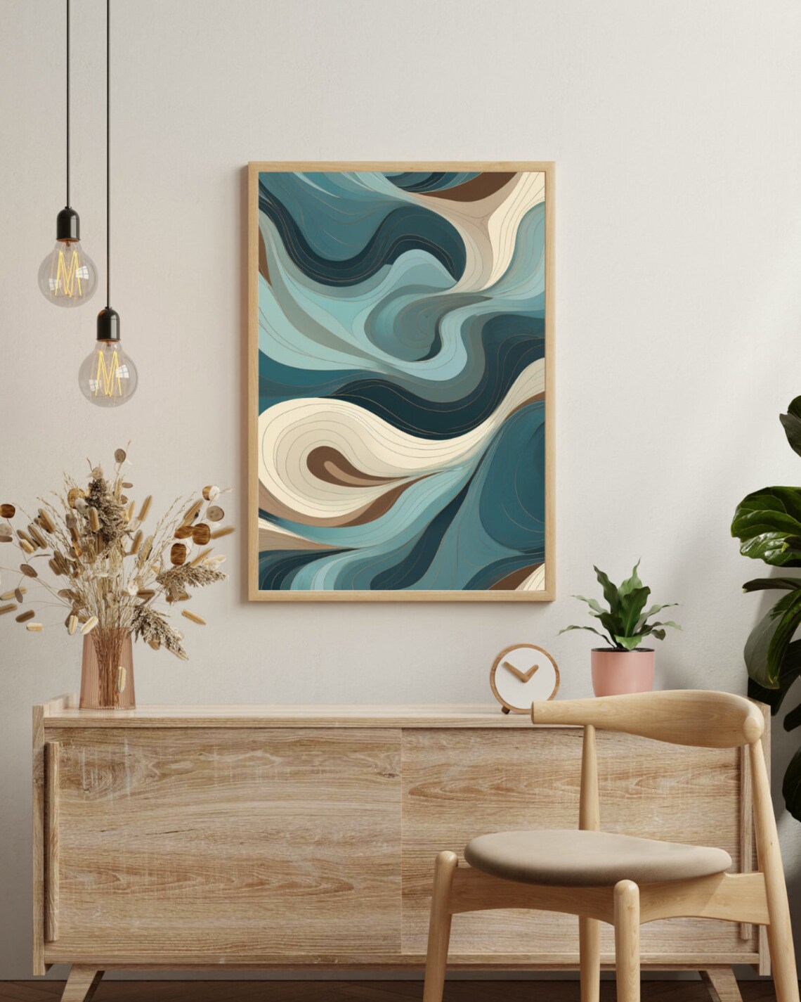 Flowing Blue Teal Waves Modern Abstract Coastal Art Poster for Homes