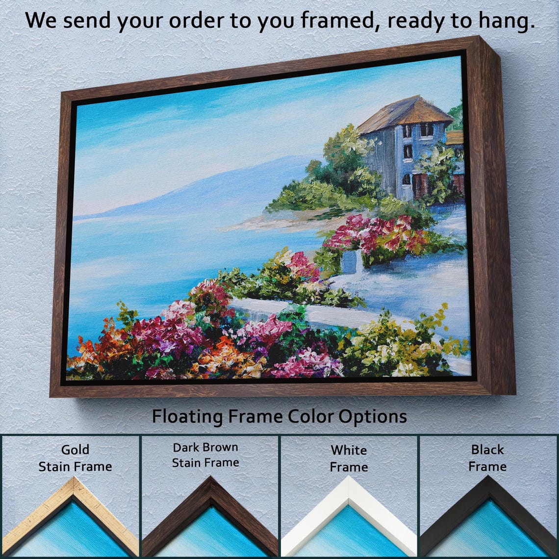 Seaside House Among Bright Flowers Blue Ocean Coast View Poster - Image 3