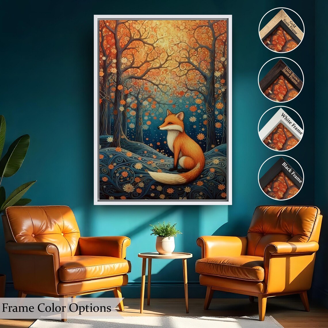 Red Fox Sitting In A Stylized Autumn Forest Teal And Orange Wall Poster - Image 2