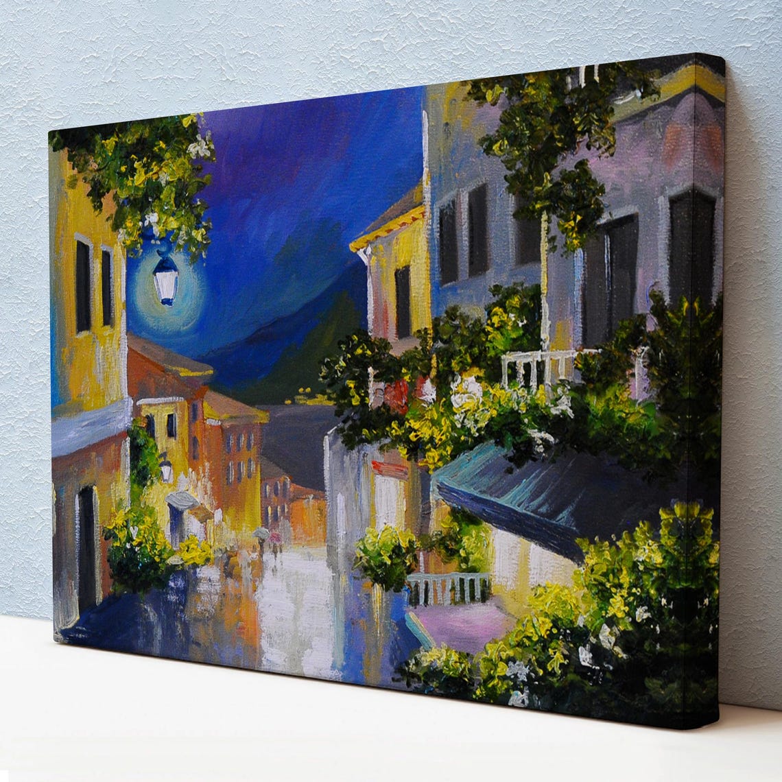 Moonlit Old Town Street Lantern Leading to Sea Night Painting Poster