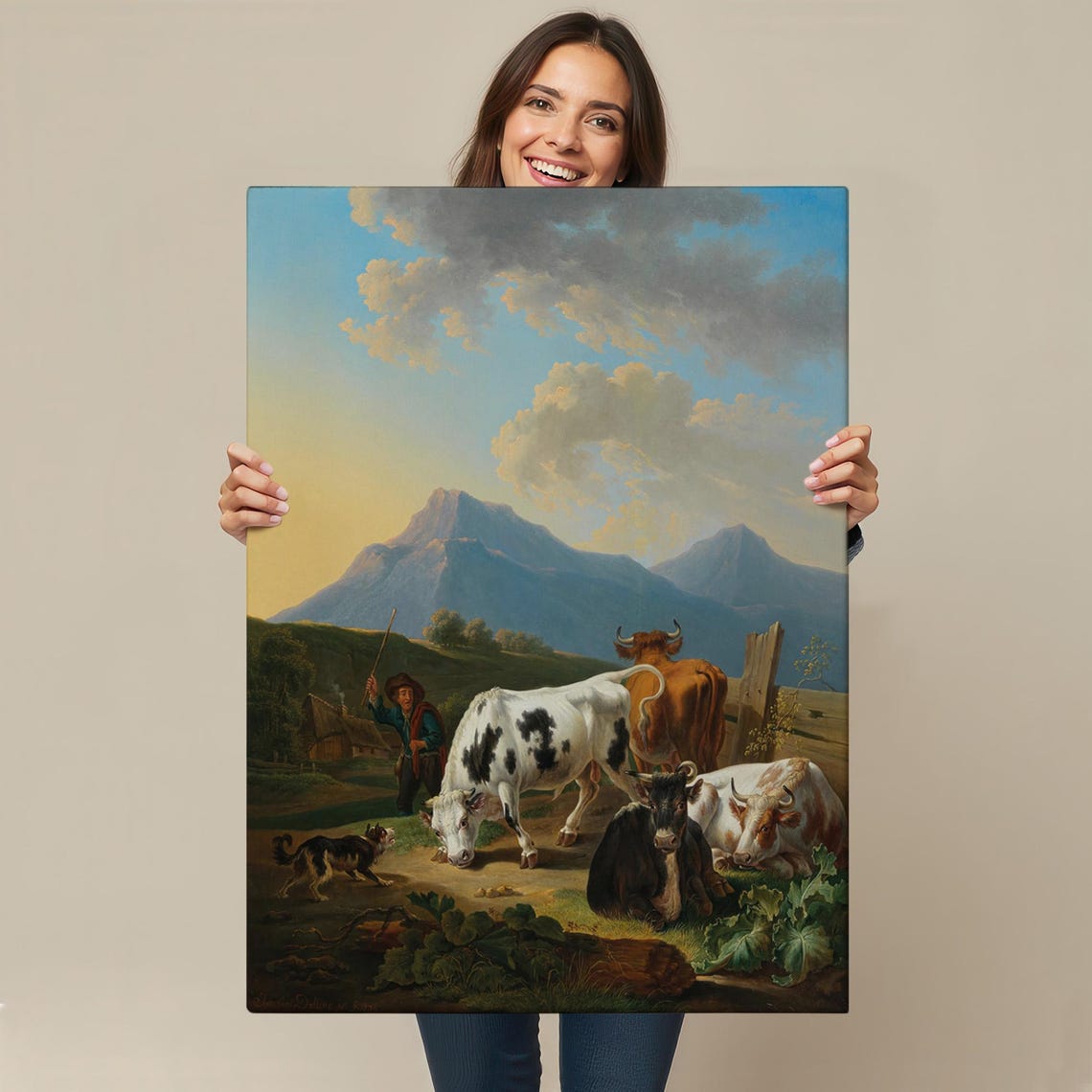 Classic Pastoral Farmer With Cattle Alpine Valley Oil Poster - Image 4