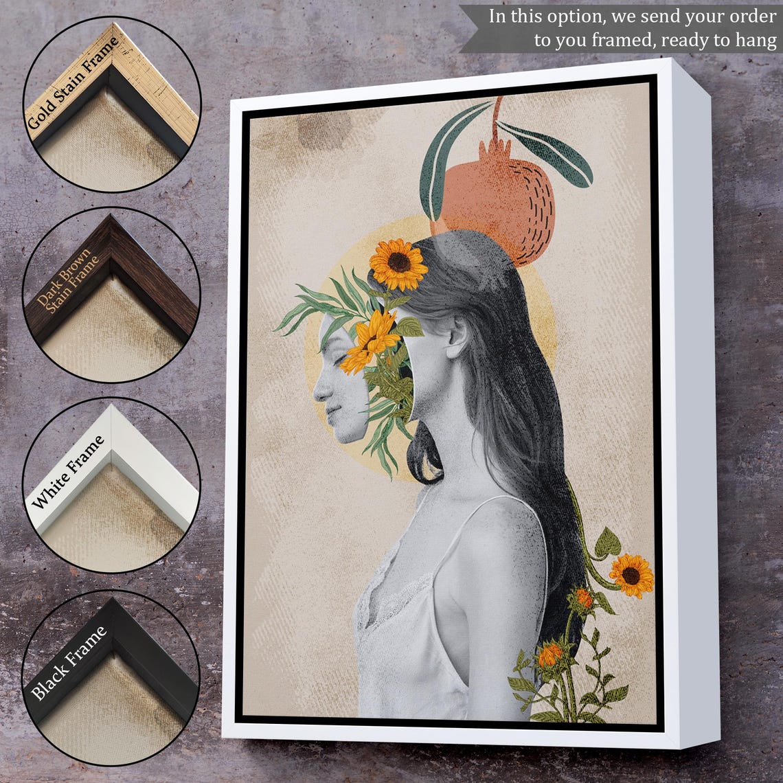 Surreal Woman Sunflower Collage Botanical Dream Portrait Wall Art - Image 3