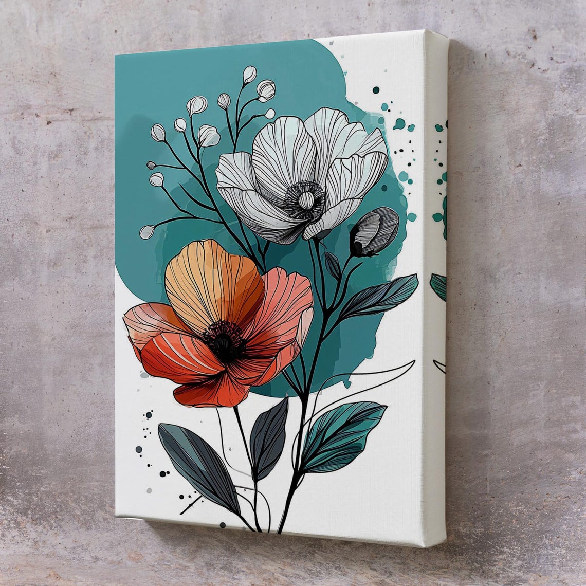 Orange White Poppy Flowers Modern Line Art Teal Botanical Poster