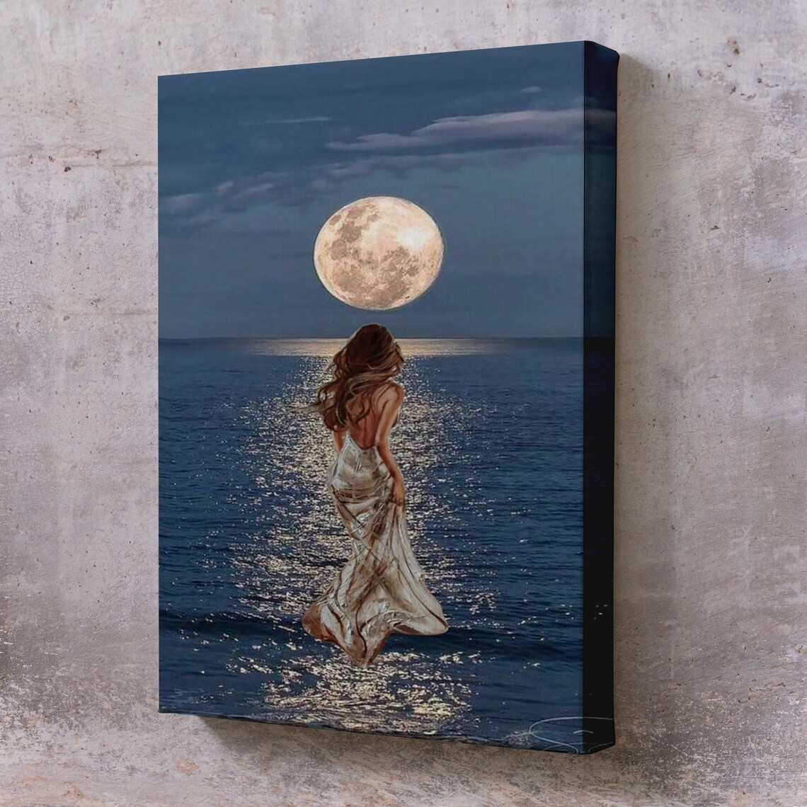 Woman In White Dress Walking Into Moonlit Ocean Night Art Poster
