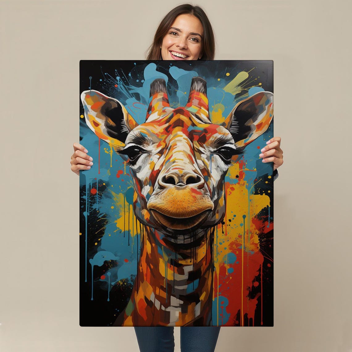 Colorful Graffiti Giraffe Face Paint Splash Dark Background Art Poster - Image 4