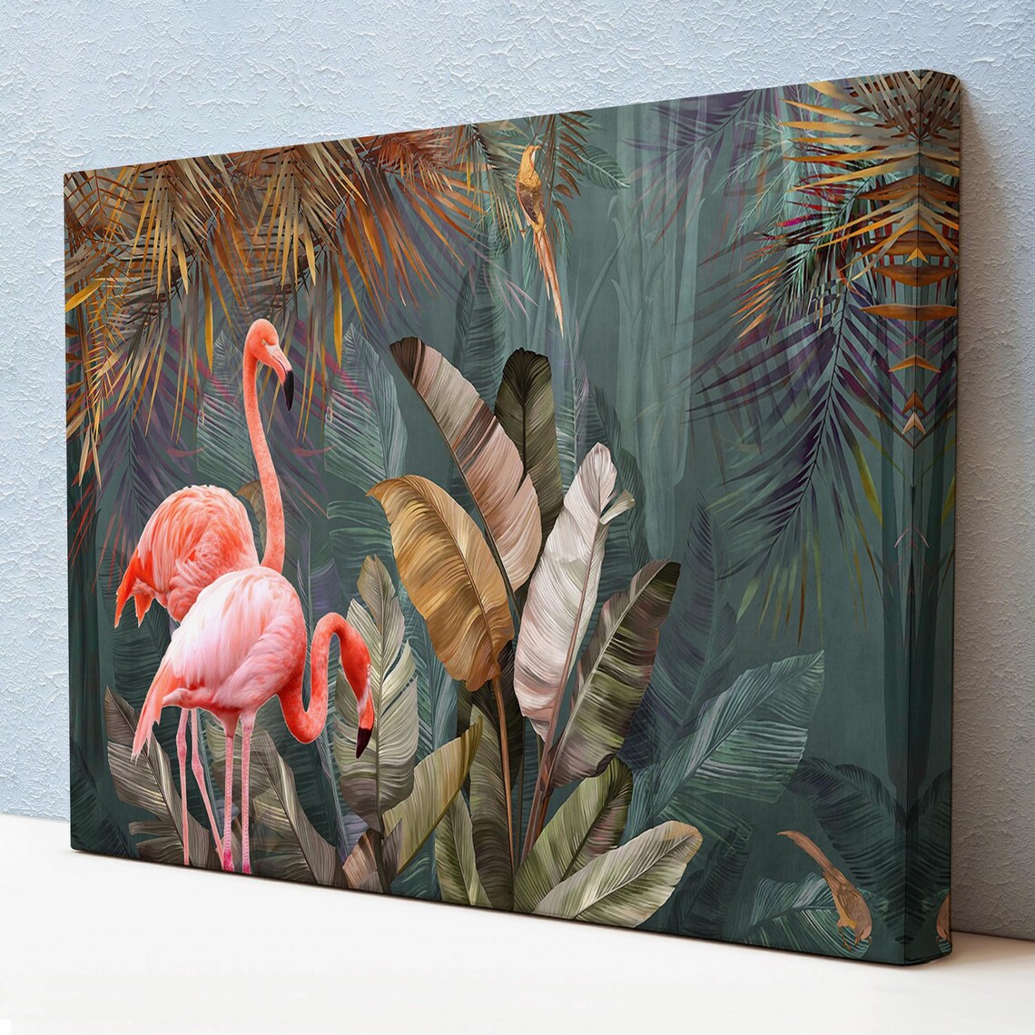 Pink Flamingos Tropical Banana Leaves Teal Jungle Scene Wall Art