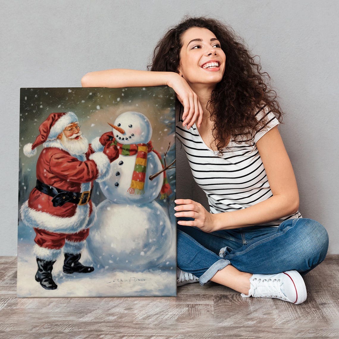 Santa Claus Building Snowman Winter Night Cheerful Christmas Poster - Image 4