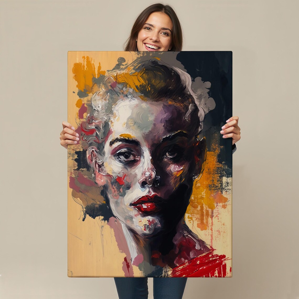 Expressive Abstract Woman Portrait Red Lips Dramatic Brushwork Wall Art - Image 4