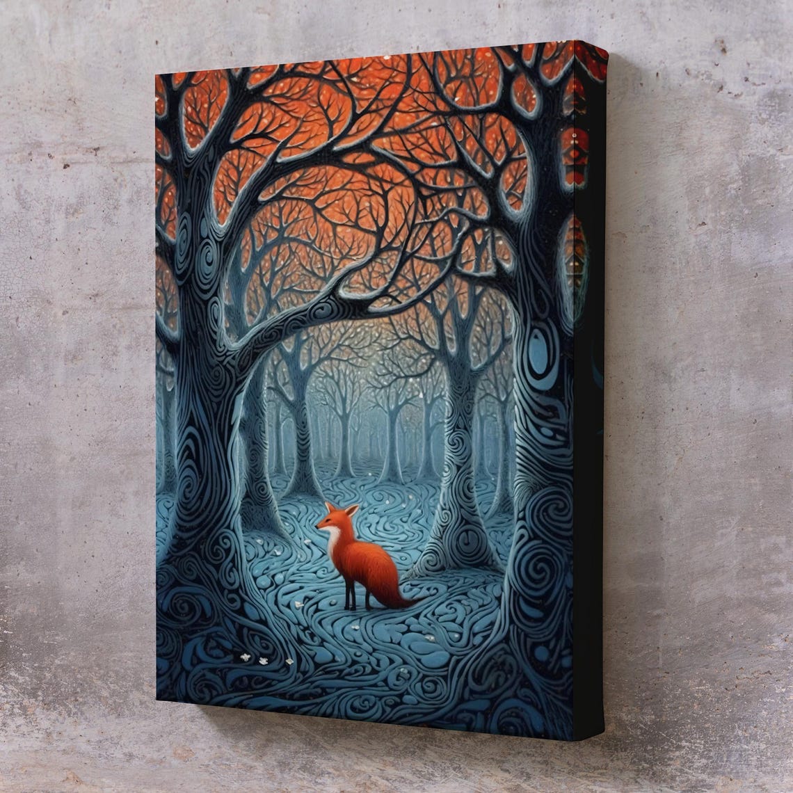 Red Fox Enchanted Swirling Blue Forest Sunset Whimsical Nature Poster