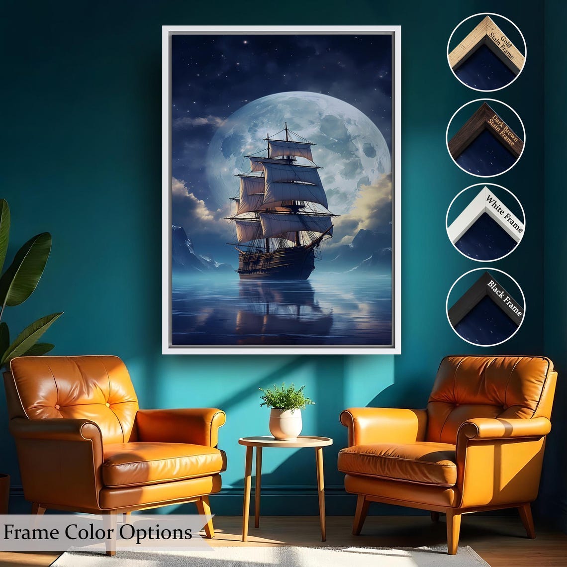 Tall Ship Sailing Under Giant Moon Night Ocean Dreamy Art Poster - Image 2
