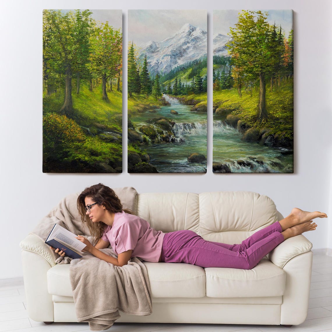Snowy Mountain Peak Alpine Stream Waterfalls Evergreen Forest Poster - Image 3