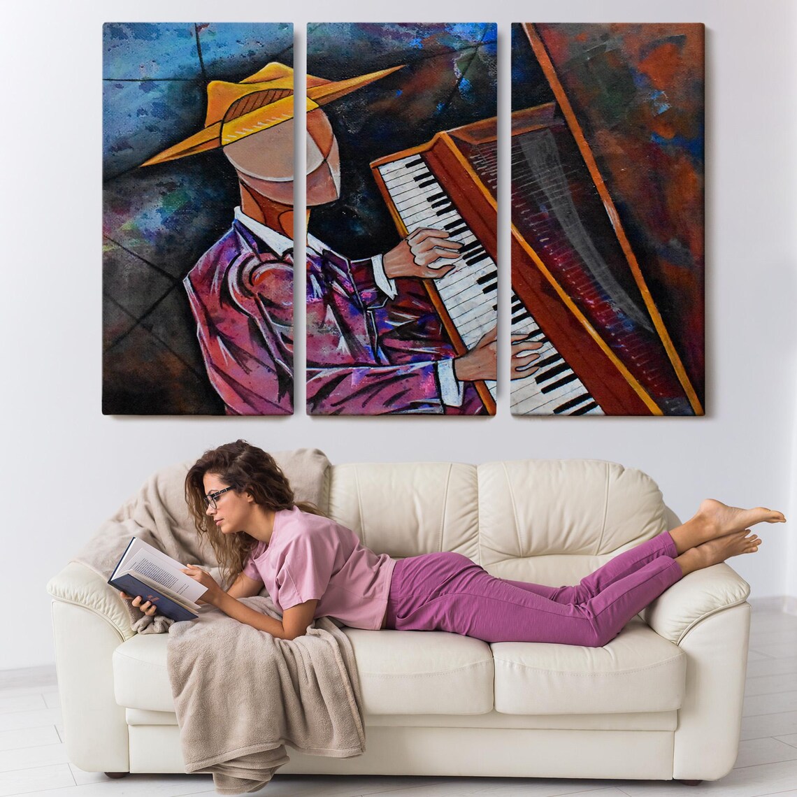 Cubist Musician Yellow Hat Playing Grand Piano Jazz Art Poster - Image 3