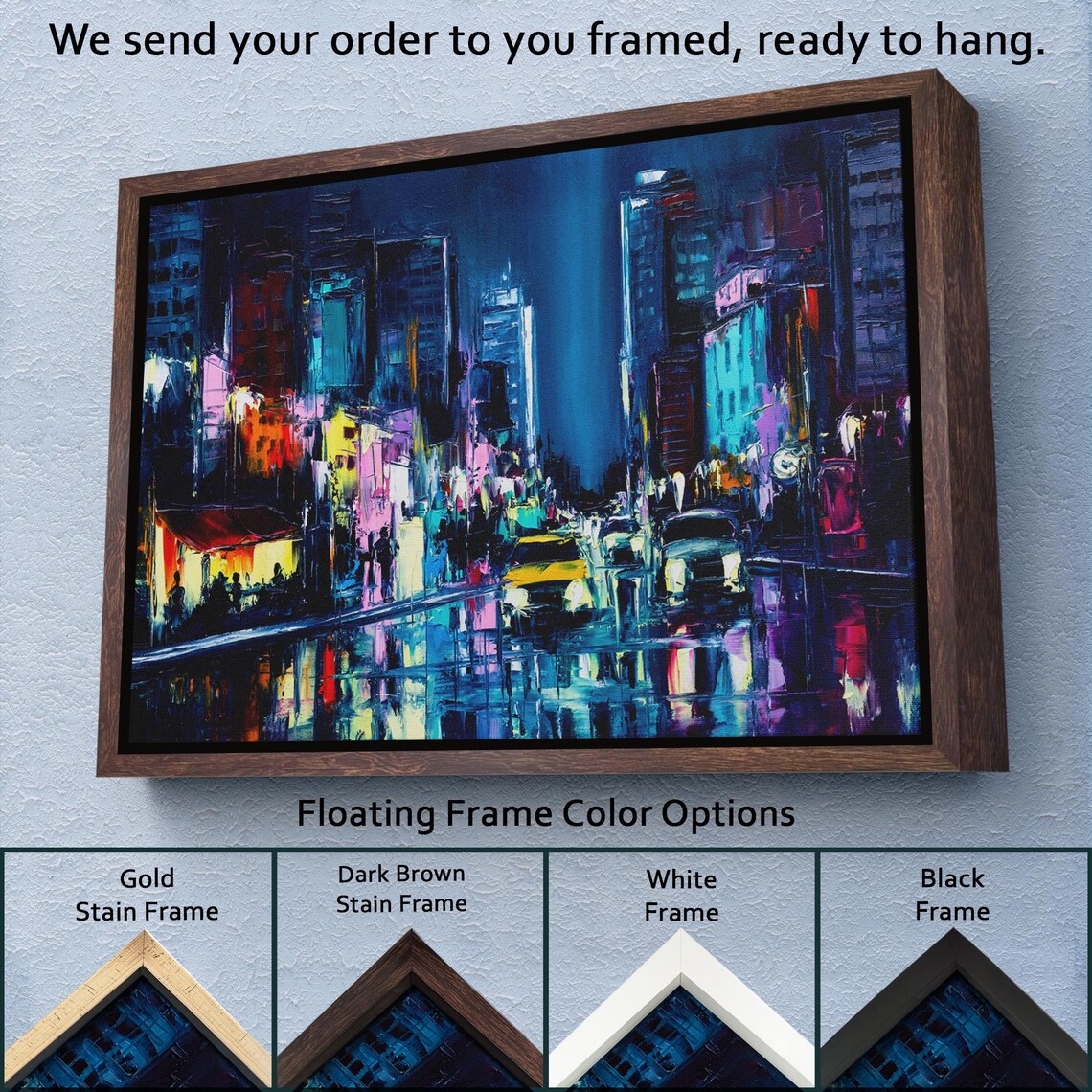 New York City Neon Night Street Yellow Taxi Rain Reflections Poster - Image 3