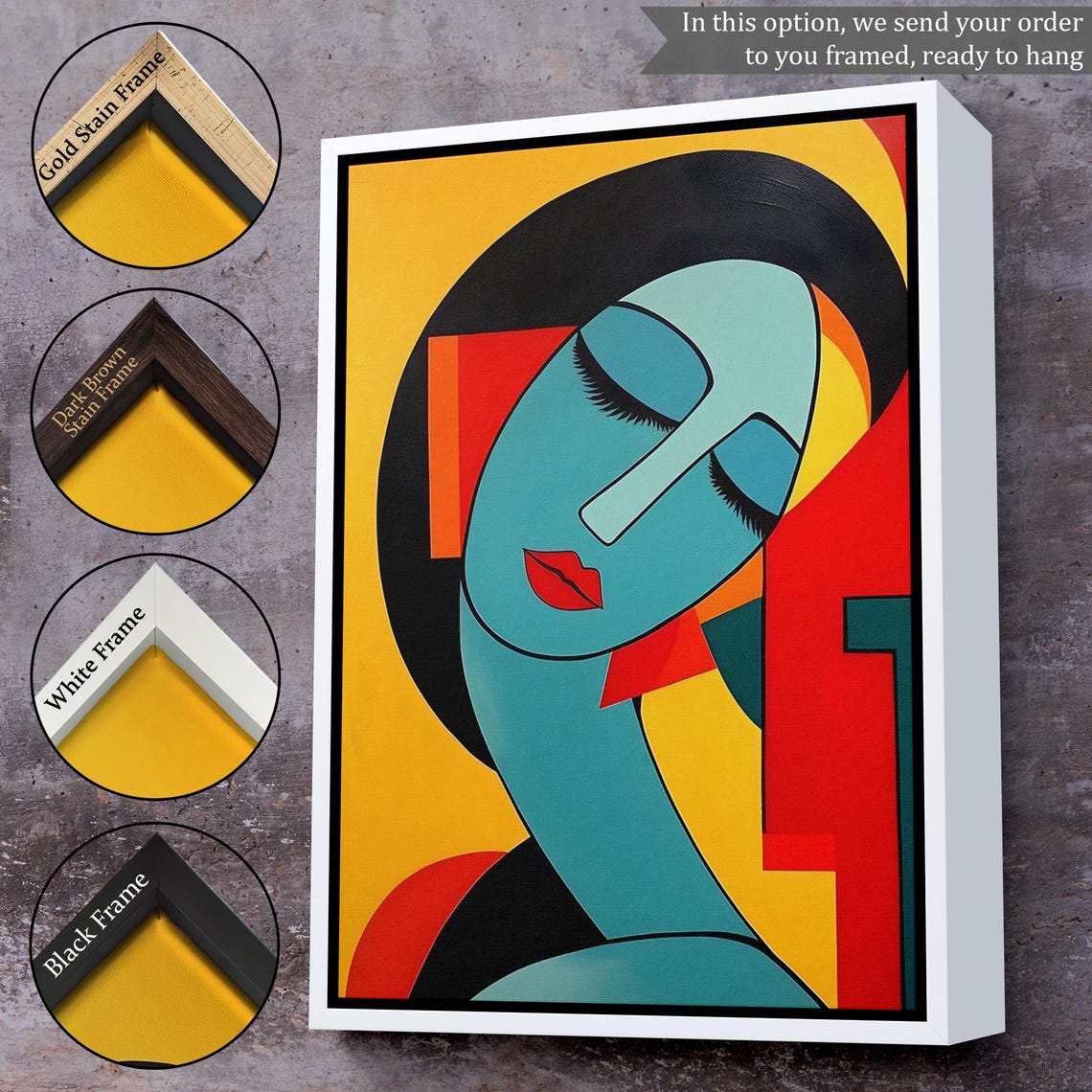 Cubist Woman Face Teal Red Yellow Geometric Modern Abstract Art Poster - Image 3