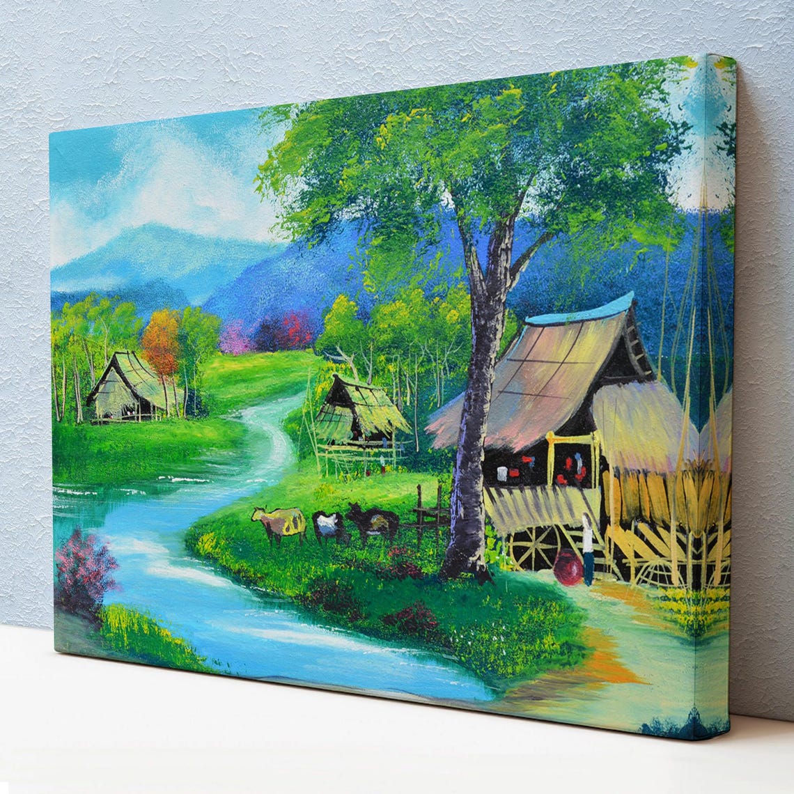 Thailand Rural Village River Water Buffalo Stilt Huts Travel Poster