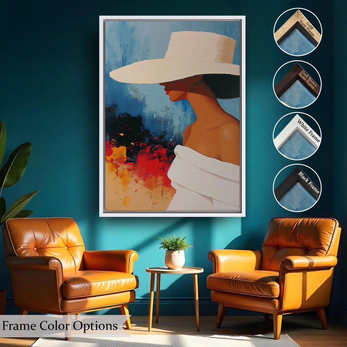 Abstract Woman White Sun Hat Blue Modern Portrait Fashion Wall Art - Image 2