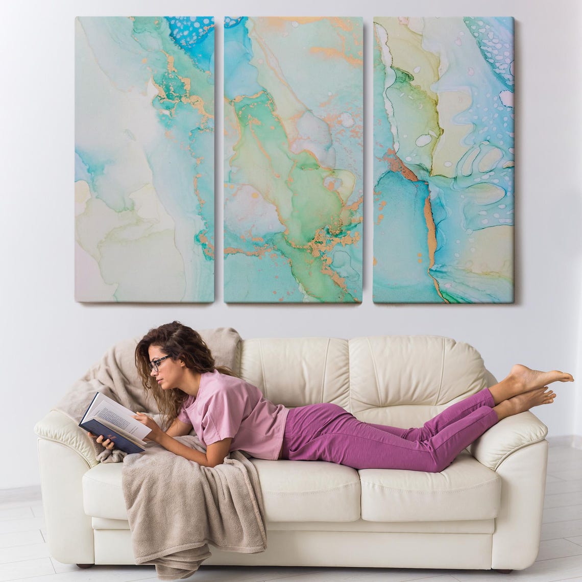 Turquoise Gold Vein Alcohol Ink Marble Abstract Fluid Wall Art - Image 3