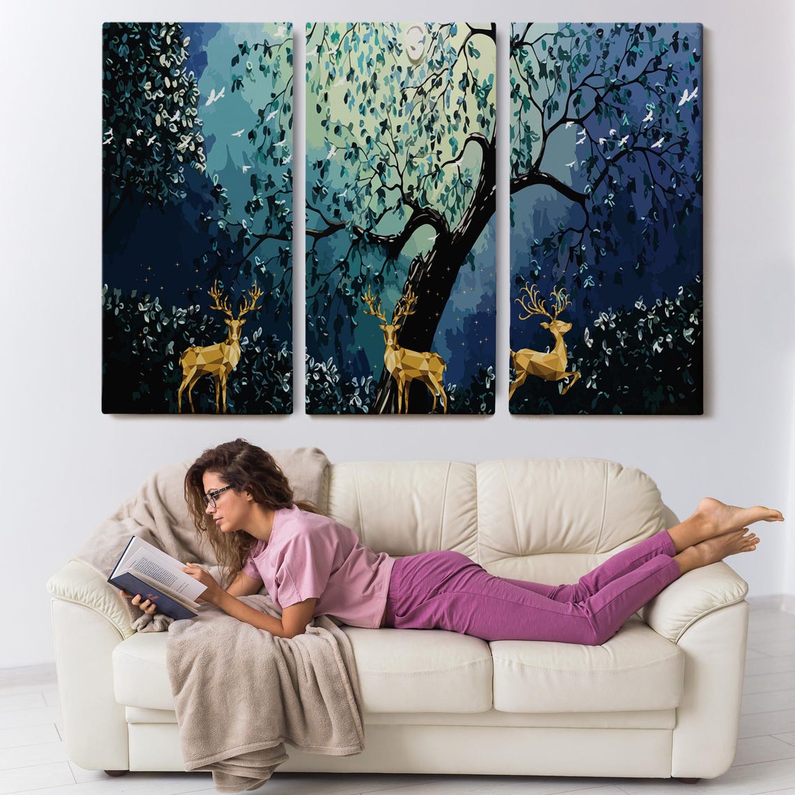 Golden Geometric Deer Night Forest Moonlit Tree Modern Art Poster - Image 3