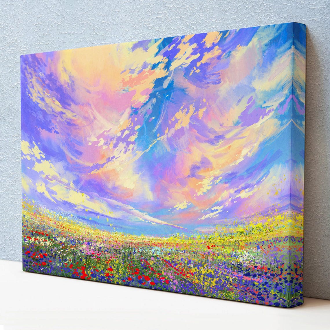 Pastel Swirling Clouds Colorful Wildflower Meadow Painting Poster